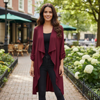 Women's Burgundy Open Front Waterfall Duster Coat