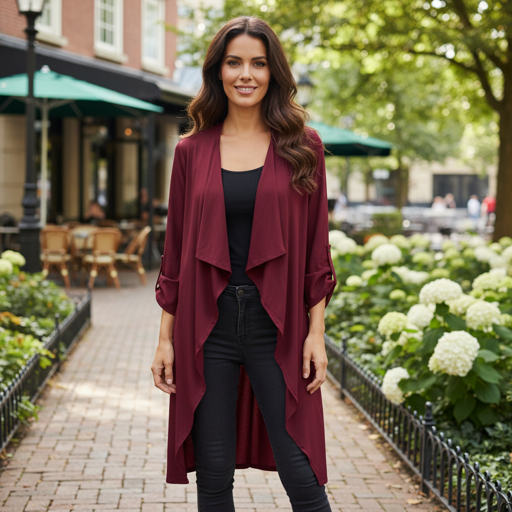 Women's Burgundy Open Front Waterfall Duster Coat