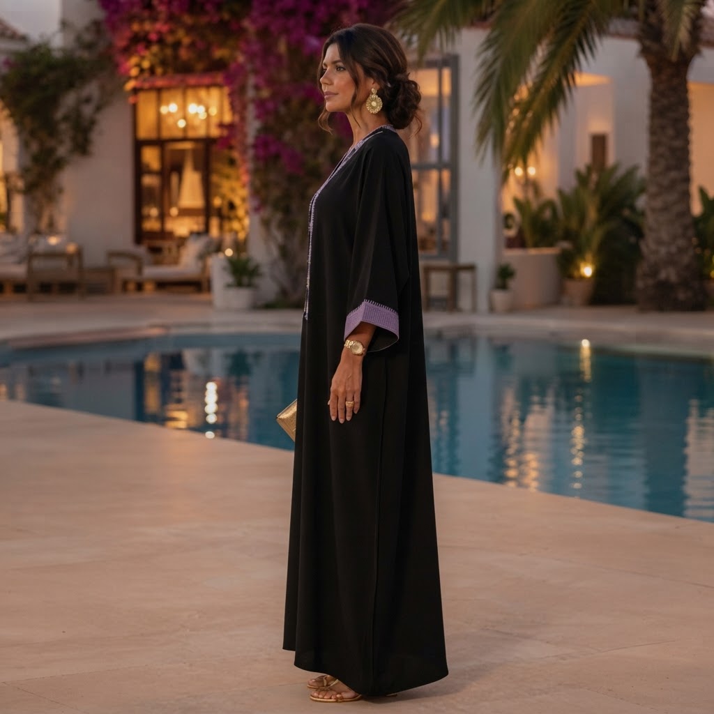 Black Abaya with Lavender Geometric Tribal Embroidery