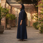 Navy Blue Floral Jacquard Long Modest V-Neck Dress
