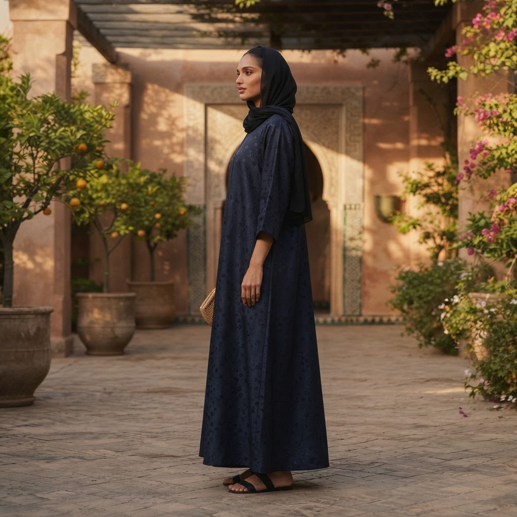 Navy Blue Floral Jacquard Long Modest V-Neck Dress