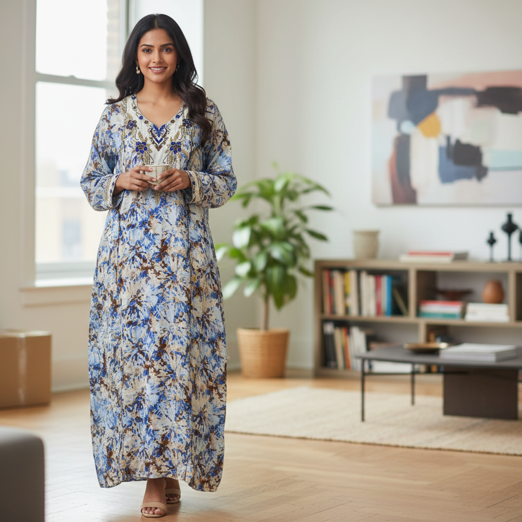 Women's Blue Tie-Dye Beaded Kaftan Maxi Dress