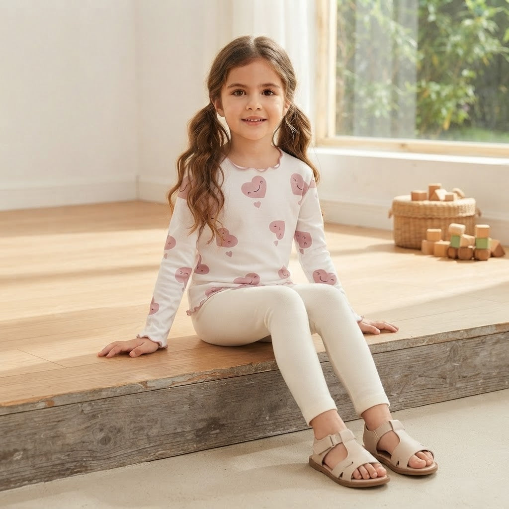 SHEIN White & Pink Heart Print Long-Sleeve Lettuce-Edge Top