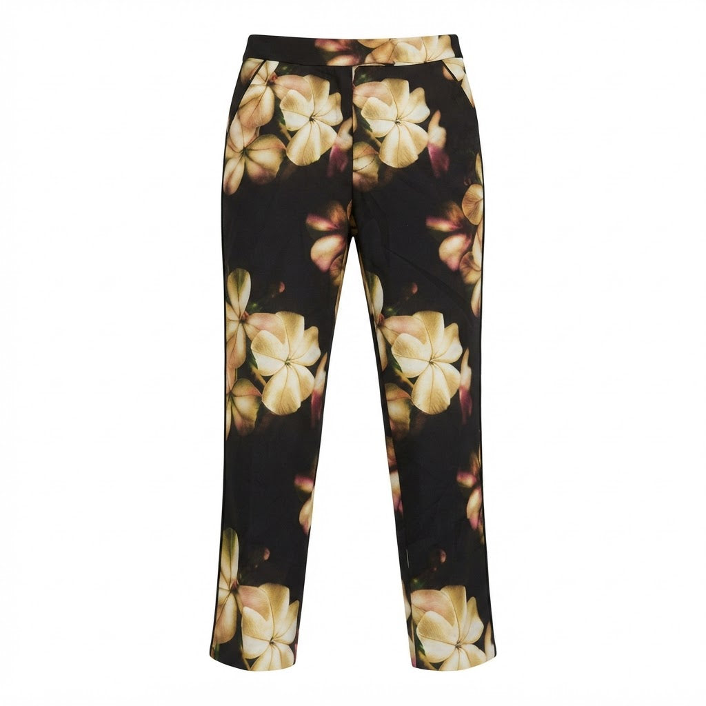 Women's Floral Print Slim-Fit Tailoblack Trousers in Black