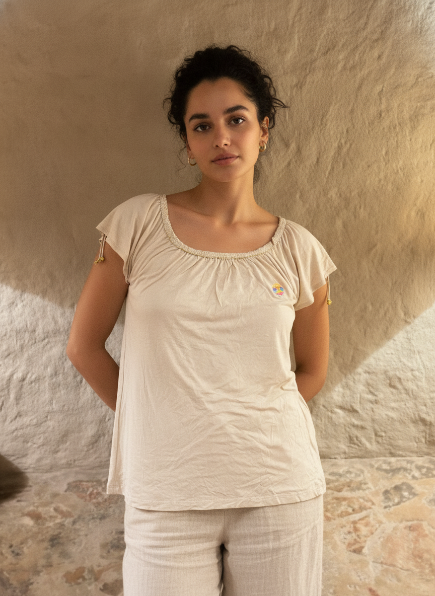 Love and Money Beige Gathered Neckline Top with Braided Meta