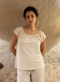 Love and Money Beige Gathered Neckline Top with Braided Meta