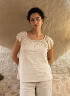 Love and Money Beige Gathered Neckline Top with Braided Meta