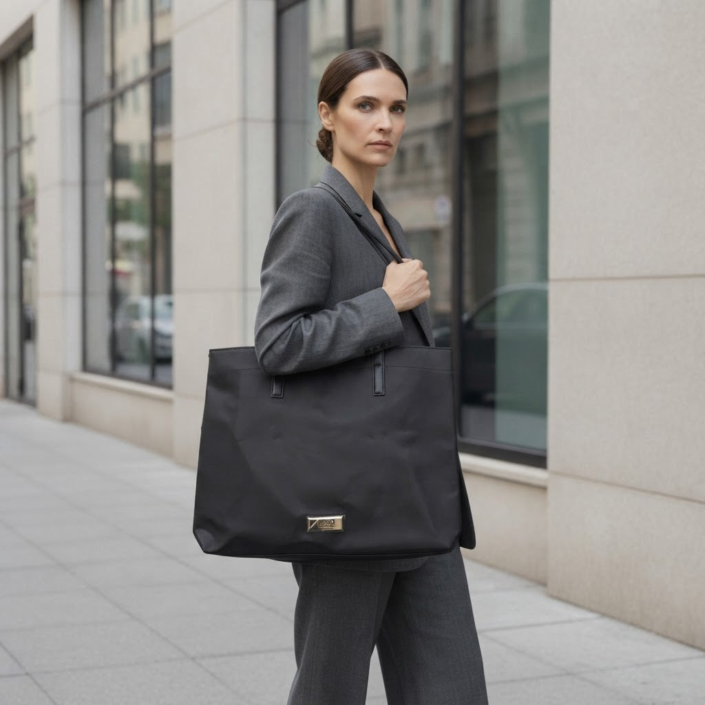 VERSACE parfums Large Black Nylon Shoulder Tote with Gold Pl