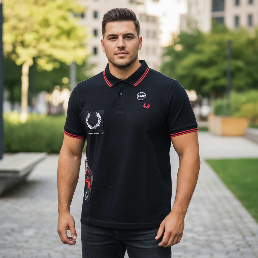 FRED PERRY Men's Black Patch-Detail Cotton Polo Shirt
