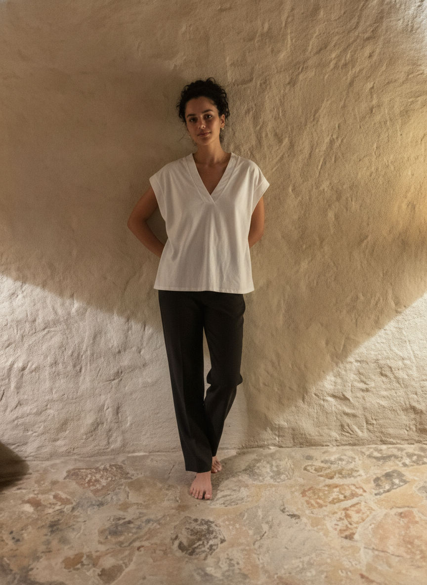 anko White Relaxed Boxy V-Neck Cap-Sleeve Cotton Top