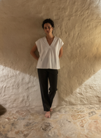 anko White Relaxed Boxy V-Neck Cap-Sleeve Cotton Top