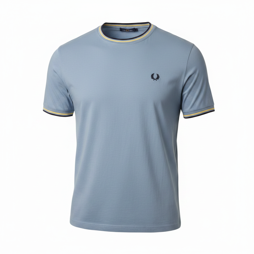FRED PERRY Men's Light Blue Tipped Crew Neck Cotton T-Shirt