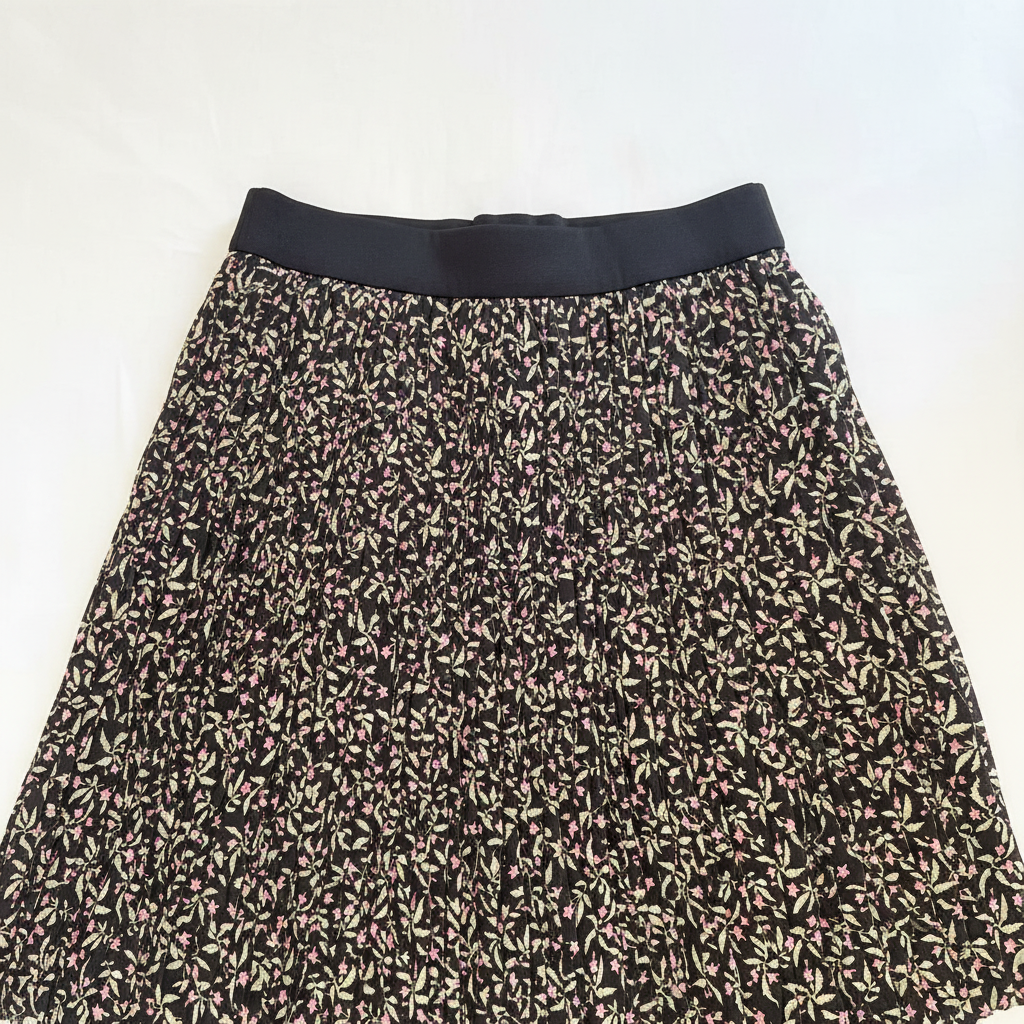 Women's Black Floral Pleated Midi Skirt