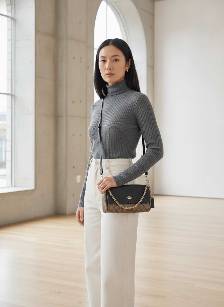 COACH NEW YORK Black Leather and Monogram Crossbody Bag