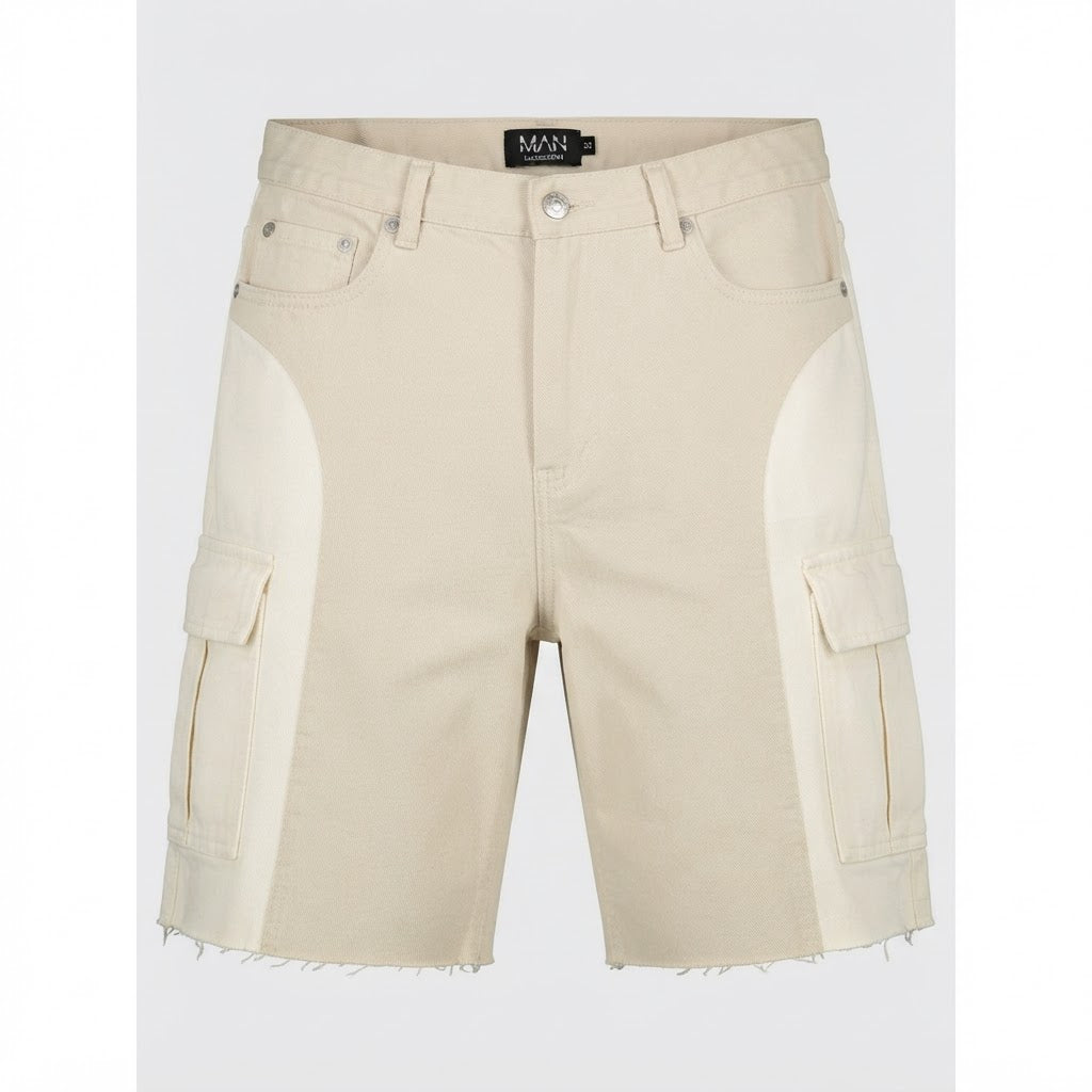 [WearU Generated:merch_clean_front] Boohooman Ecru Cotton Twill Colour Block Wide-Leg Cargo Shorts – front view