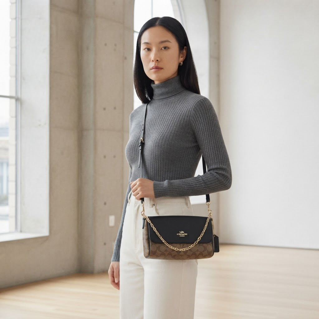 COACH NEW YORK Black Leather and Monogram Crossbody Bag