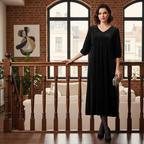 Women's Black V-Neck Long Sleeve Textured Midi Dress