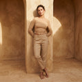 SHEIN Sandy Beige Ribbed Long-Sleeve Cropped Top with Side R