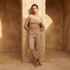 SHEIN Sandy Beige Ribbed Long-Sleeve Cropped Top with Side R