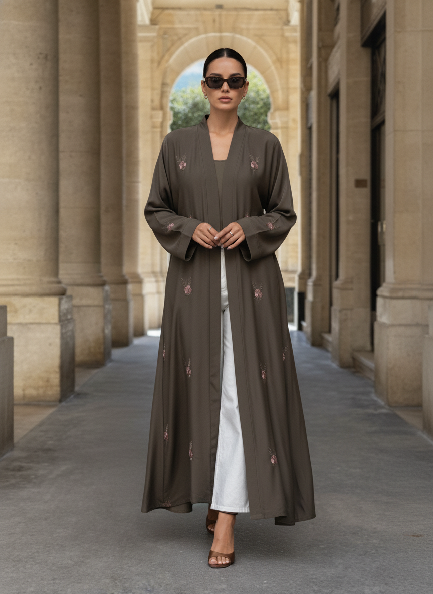 represent Olive Brown Embroidered Open-Front Abaya with Wide