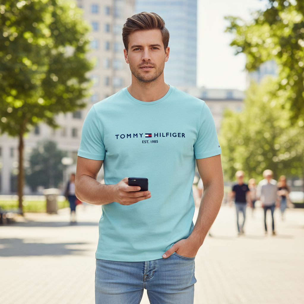 Tommy Hilfiger Men's Light Blue Organic Cotton Logo T-Shirt