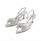 Silver Metallic Crystal Bow Slingback Heels