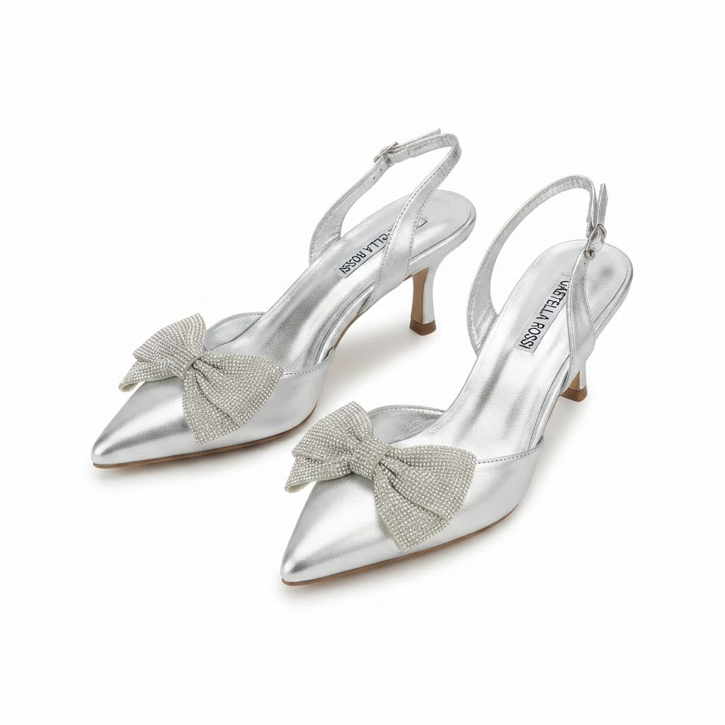 Silver Metallic Crystal Bow Slingback Heels
