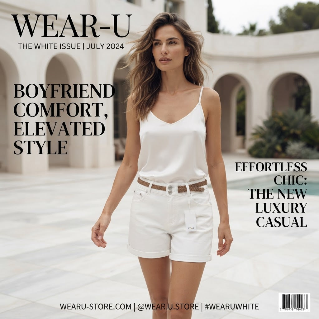 Gina White Boyfriend Denim Shorts with Braided Belt