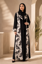Women's Black and Silver Floral Patterned Long Abaya