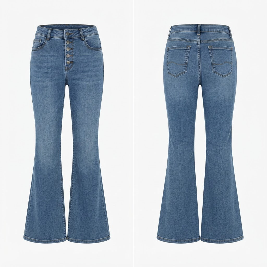 QS Mid-Wash Blue Flared Denim Jeans with Button Fly