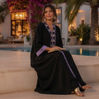 Black Abaya with Lavender Geometric Tribal Embroidery