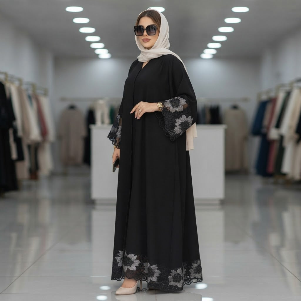 gant Black Embroidered Floral Lace-Trim Floor-Length Abaya