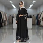 gant Black Embroidered Floral Lace-Trim Floor-Length Abaya
