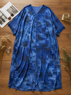 Women's Blue Floral Marbled Satin Ankle-Length Kaftan