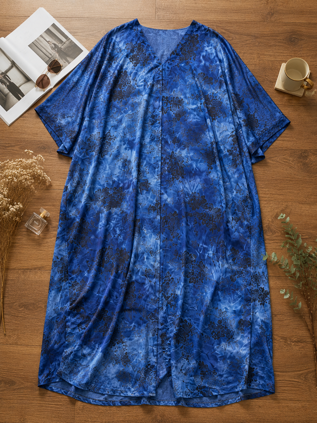 Women's Blue Floral Marbled Satin Ankle-Length Kaftan