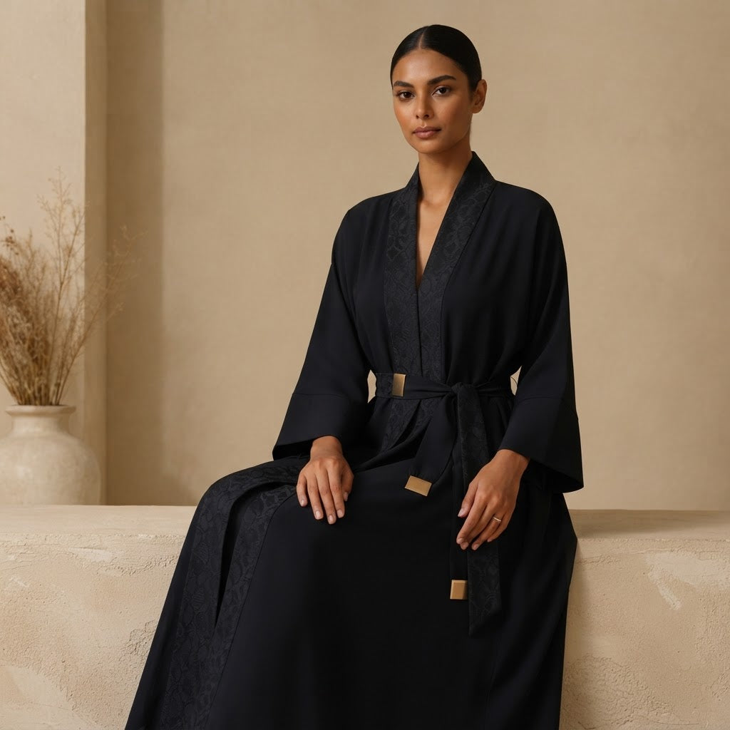 Deep Navy Black Open-Front Abaya with Jacquard Sash