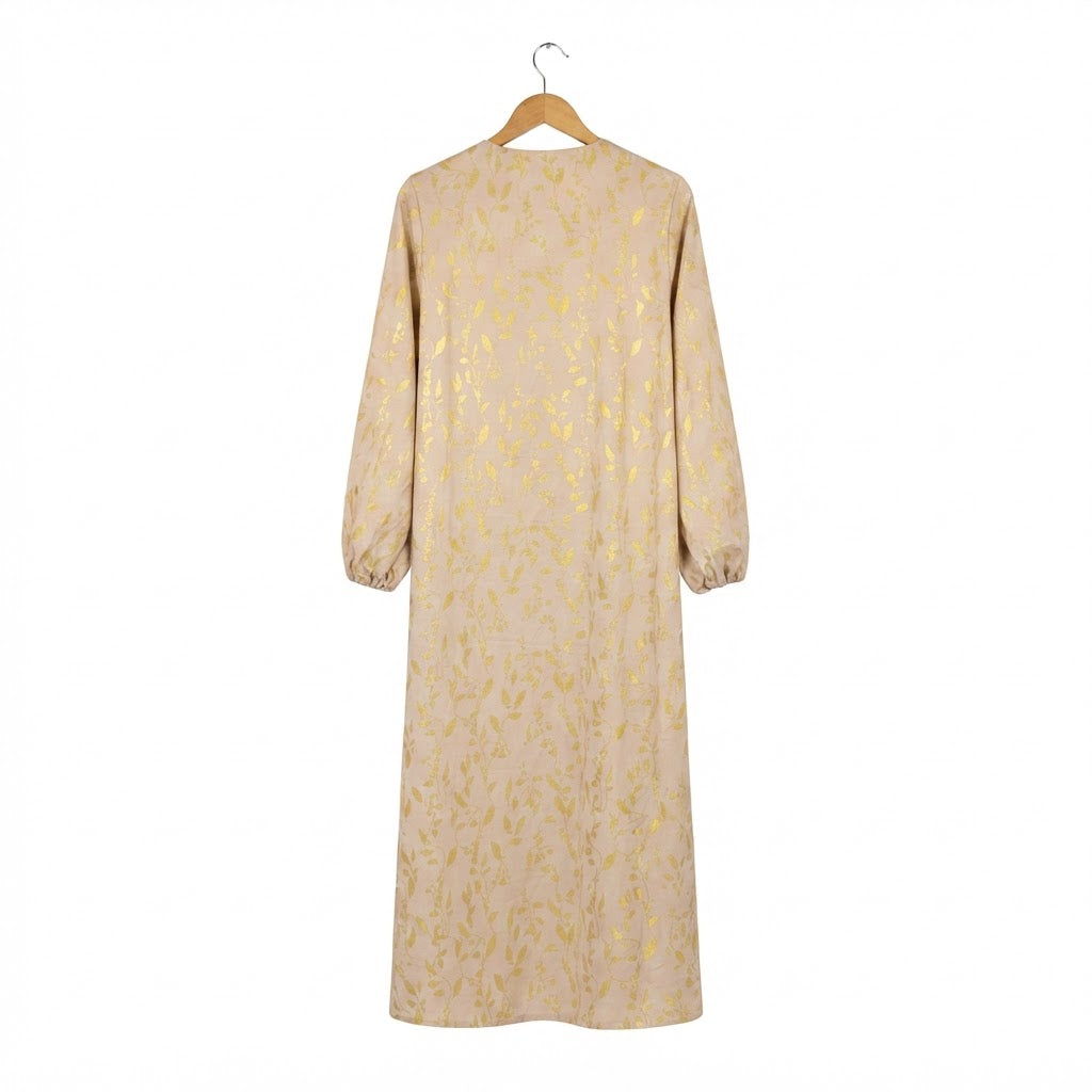Women's Cream Long-Sleeved cream Floral Open-Front Dress