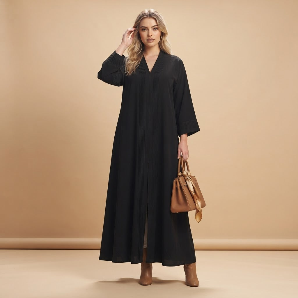Women's Black Pintuck Detailed Modest Abaya