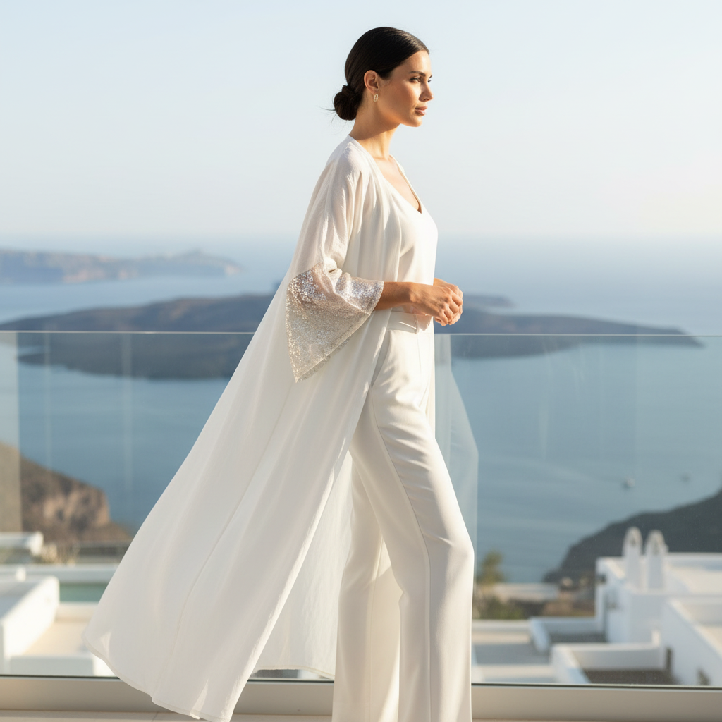 Women's White Longline Kimono with Metallic Cuffs