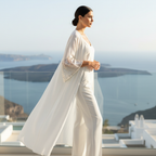 Women's White Longline Kimono with Metallic Cuffs