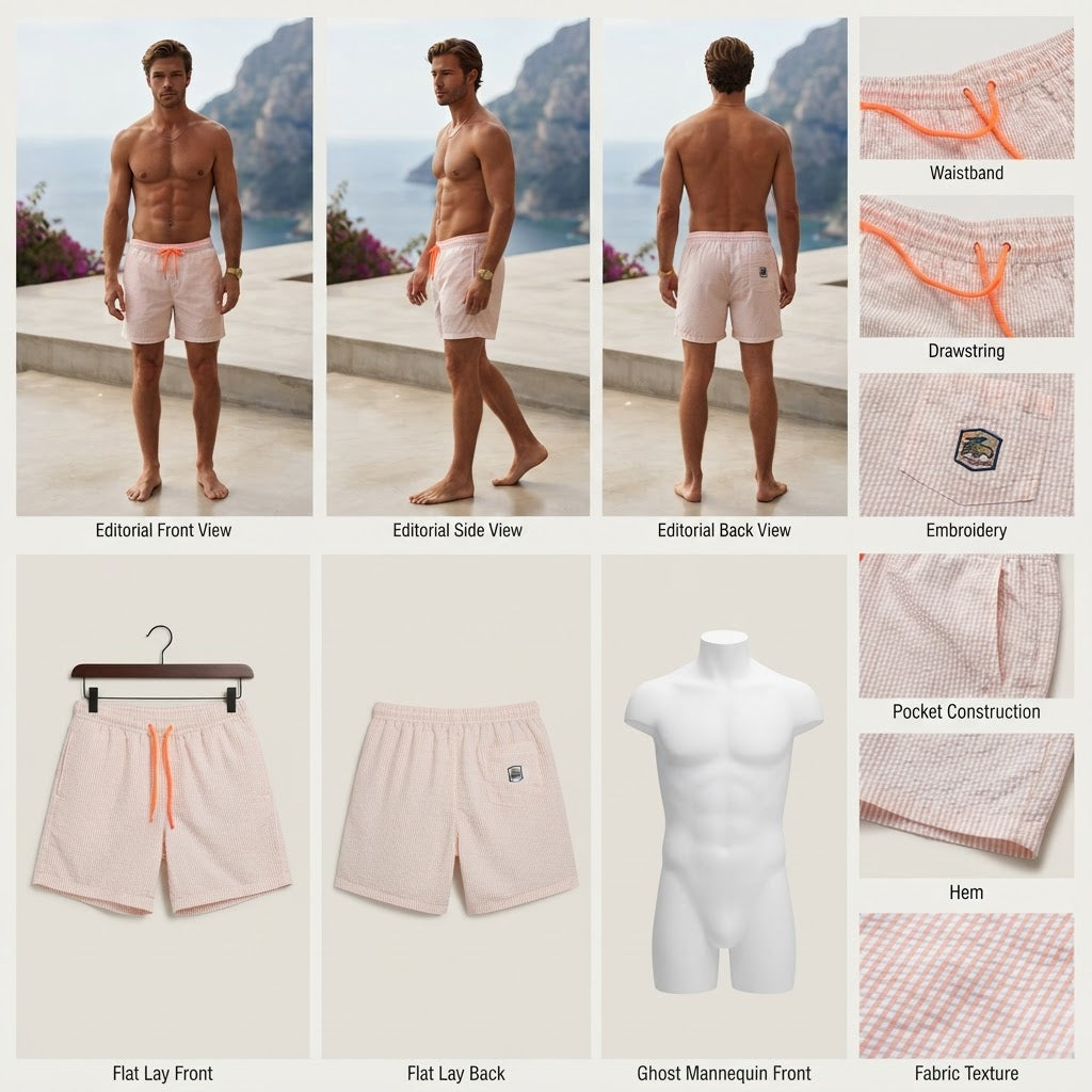 Men's Peach Seersucker Striped Shorts with Orange Drawstring