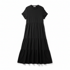Women's Black V-Neck Tiered Short Sleeve Maxi Dress