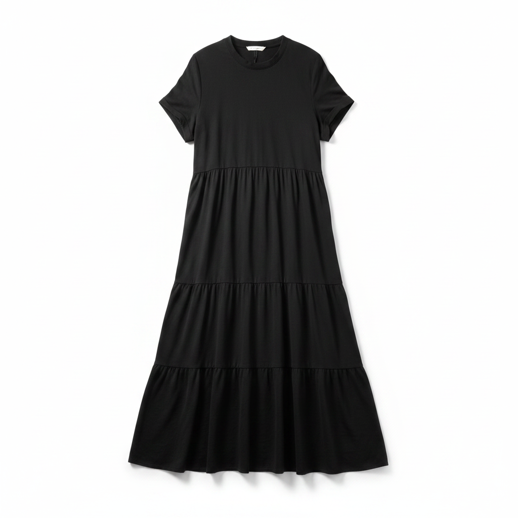Women's Black V-Neck Tiered Short Sleeve Maxi Dress
