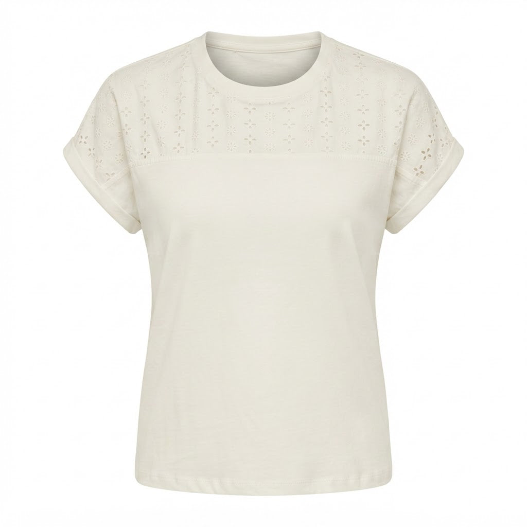 esmara Women's White Broderie Anglaise Yoke Cotton T-Shirt