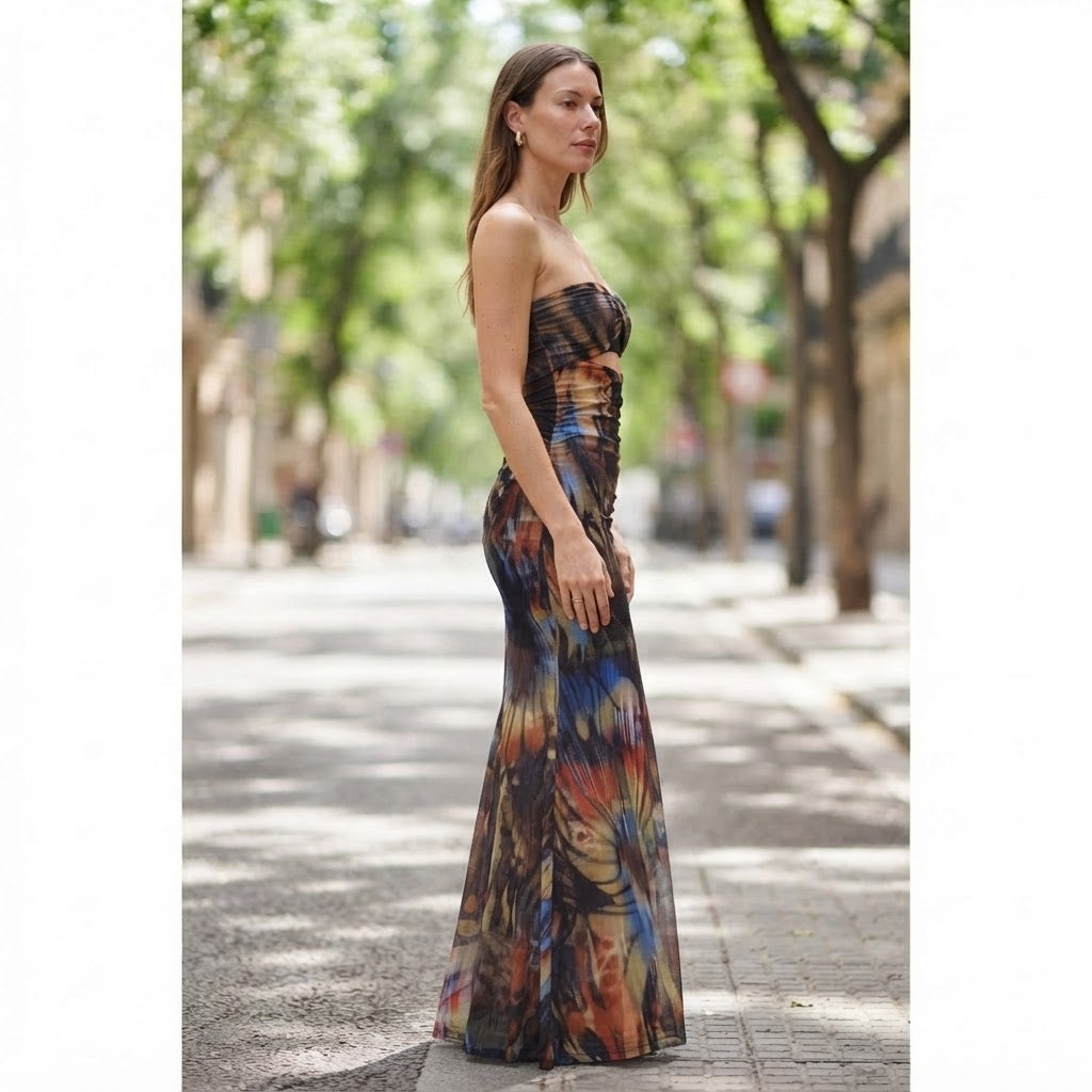 SHEIN Multicolour Abstract Strapless Mermaid Maxi Dress