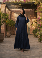 Navy Blue Floral Jacquard Long Modest V-Neck Dress