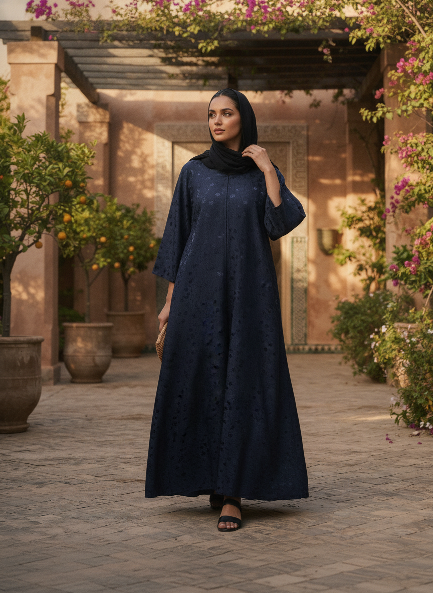 Navy Blue Floral Jacquard Long Modest V-Neck Dress