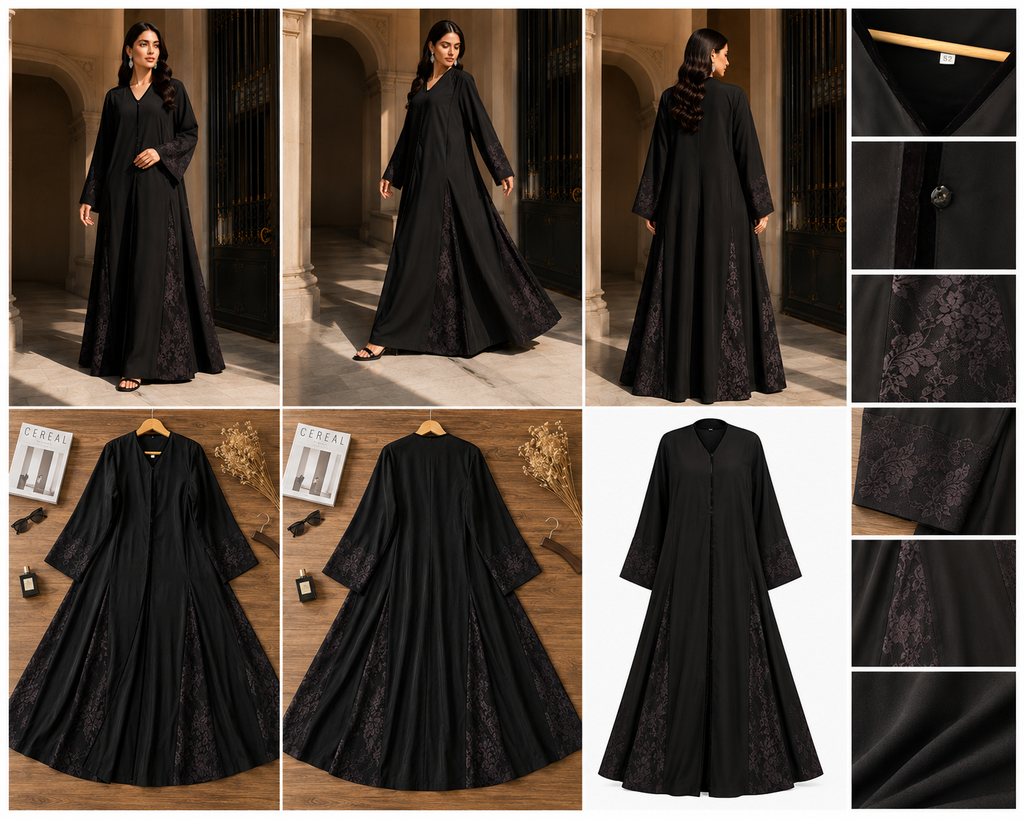 Premium Black A-Line Open-Front Abaya with Floral Lace