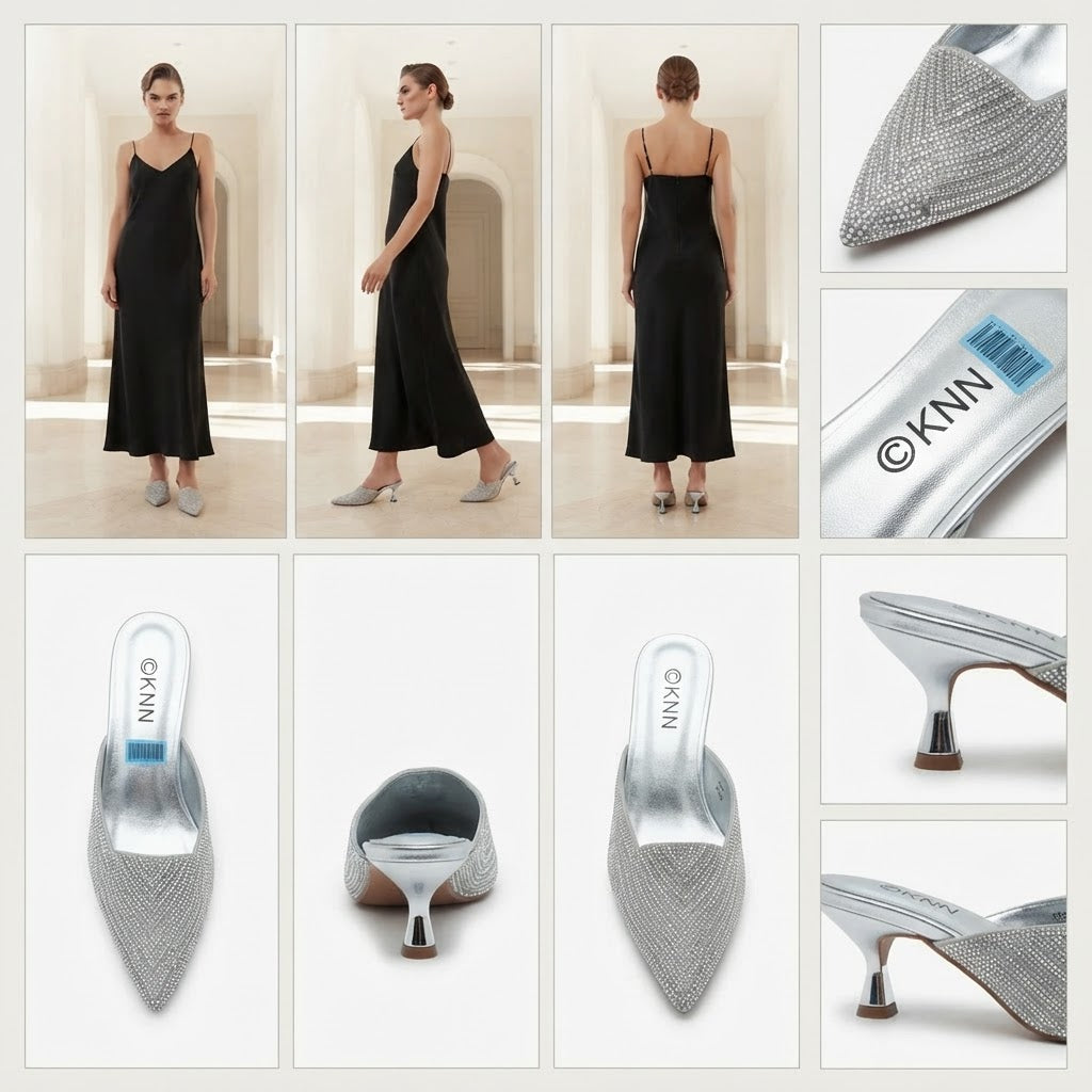 KNN Silver Rhinestone Pointed-Toe Embellished Mules