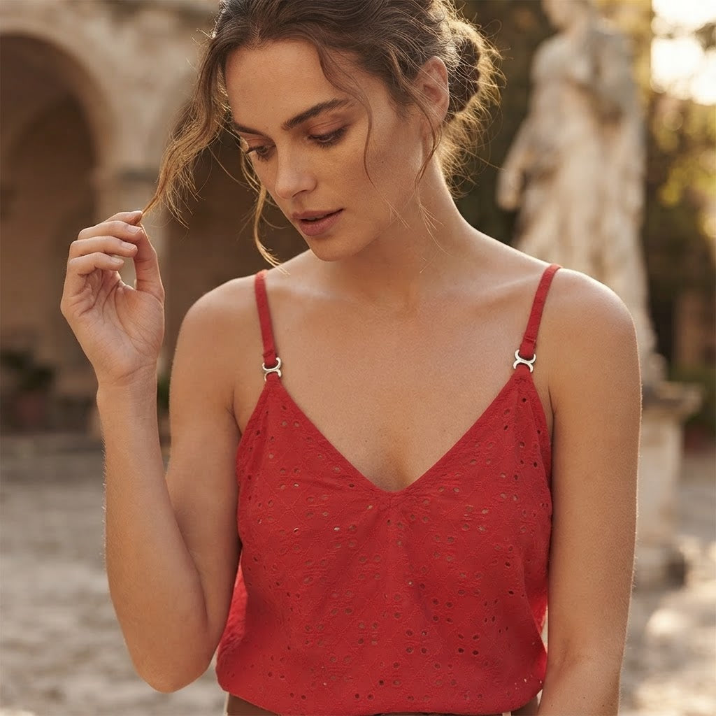 SHEIN Red SHEIN Broderie Anglaise V-Neck Spaghetti Strap Cam